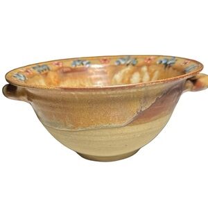 Handmade pottery Bowl Earthenware Art Ceramic 6 1/2" USA Handles Thin Floral
